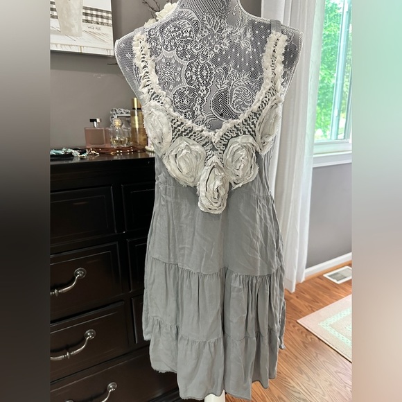 Boho Tiered Mini Dress with 3D Rosette Trim | Made in Italy | Size 10 - Picture 3 of 13